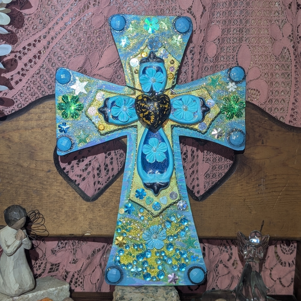 Decorative Blue and Gold Embellished Wall Cross - Handmade Home Accent